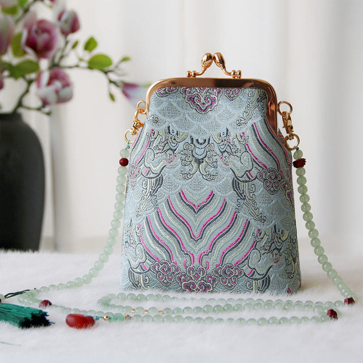 Buddha Stones Retro Chiński Haft Perłowy Łańcuch Torba Crossbody Torba Na Ramię - Jasne, błękitne chmury pomyślności 14*6*18 cm - image 25