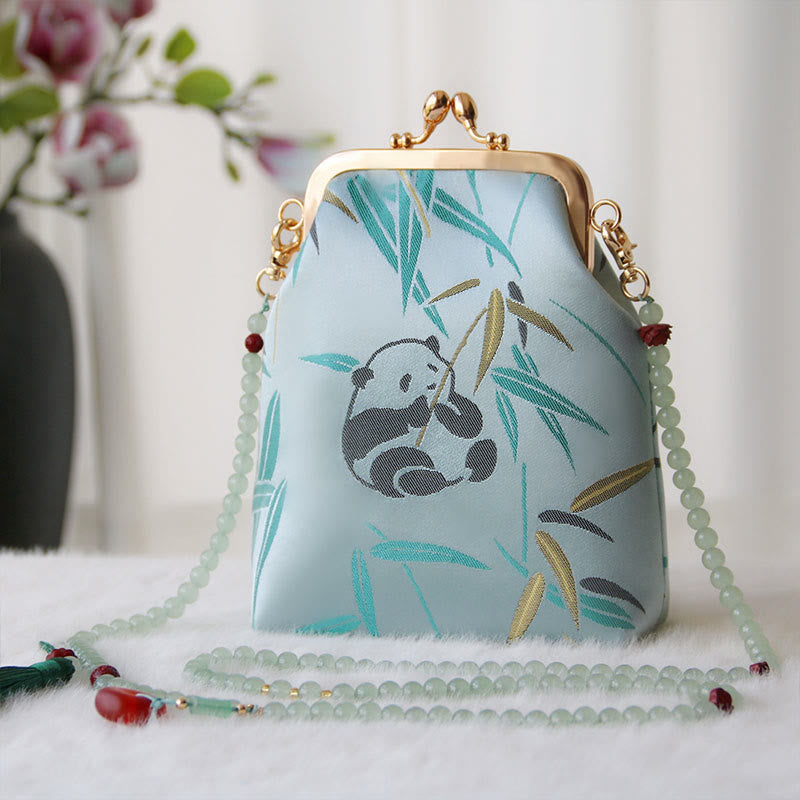 Buddha Stones Retro Chiński Haft Perłowy Łańcuch Torba Crossbody Torba Na Ramię - Cyan Panda Bamboo 14*6*18cm - image 23