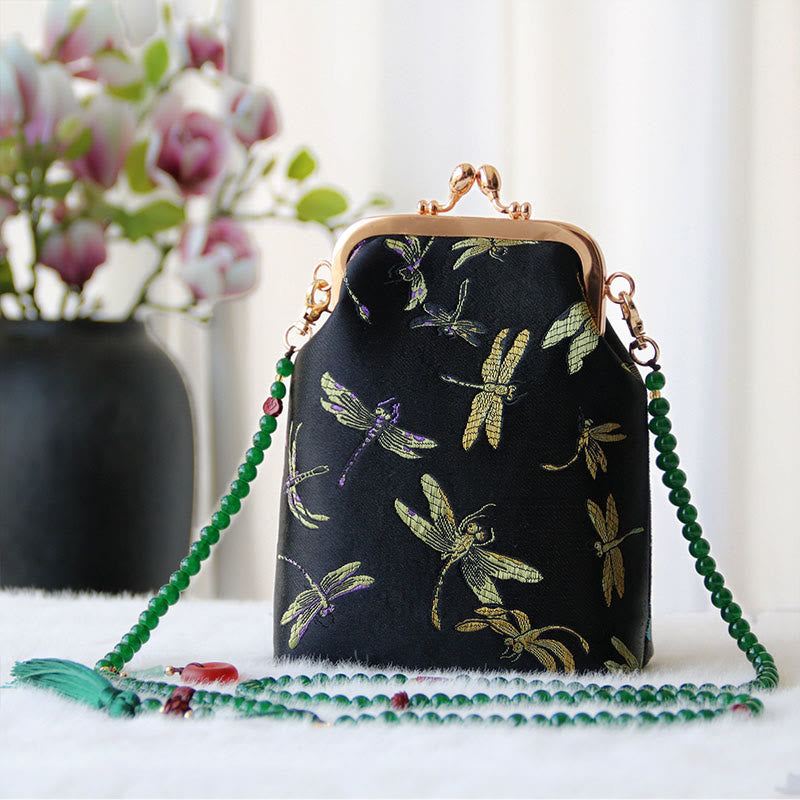 Buddha Stones Retro Chiński Haft Perłowy Łańcuch Torba Crossbody Torba Na Ramię - Czarna ważka 14*6*18cm - image 26