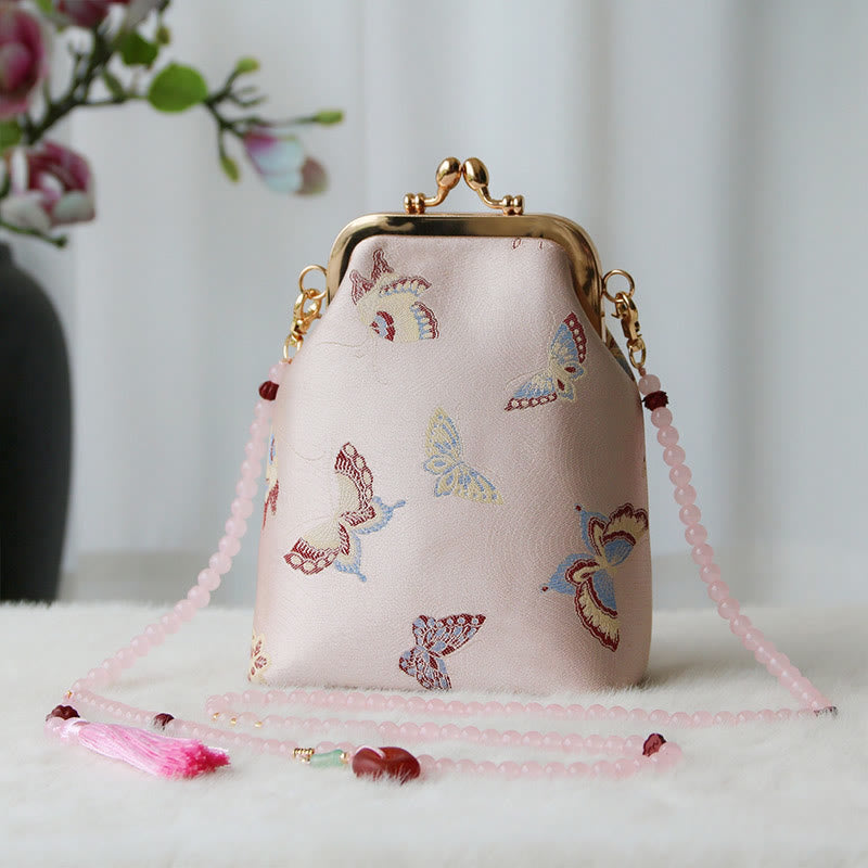 Buddha Stones Retro Chiński Haft Perłowy Łańcuch Torba Crossbody Torba Na Ramię - Różowy motyl 14*6*18cm - image 30