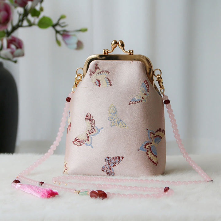 Buddha Stones Retro Chiński Haft Perłowy Łańcuch Torba Crossbody Torba Na Ramię - Różowy motyl 14*6*18cm - image 30