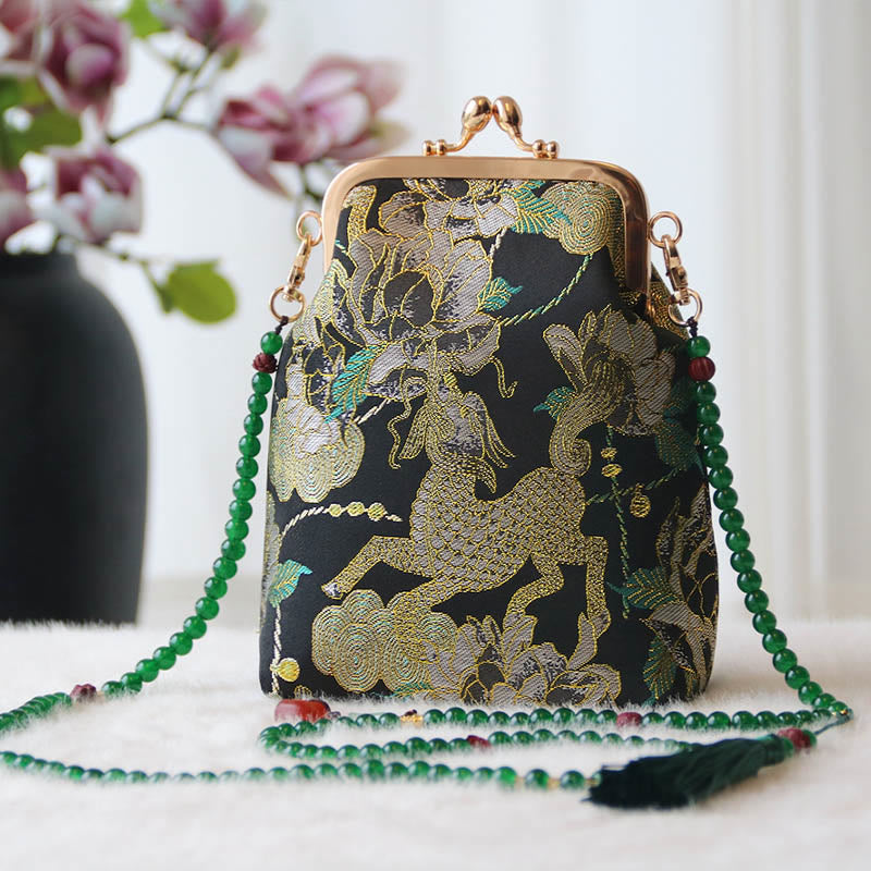 Buddha Stones Retro Chiński Haft Perłowy Łańcuch Torba Crossbody Torba Na Ramię - Czarna piwonia kirinowa 14*6*18cm - image 35