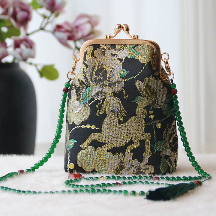 Buddha Stones Retro Chiński Haft Perłowy Łańcuch Torba Crossbody Torba Na Ramię - Czarna piwonia kirinowa 14*6*18cm - image 35