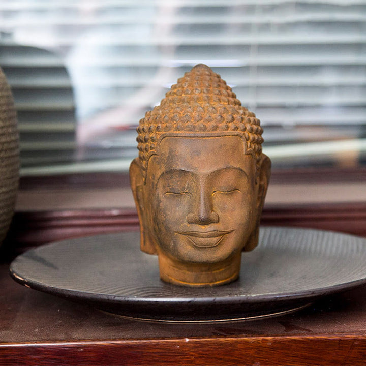 Buddha Stones Zamknięte Oczy Kontemplacja Medytująca Głowa Buddy Proszek Żelaza Rdza Odlew Żywicy Statua Dekoracja Domu - image 11