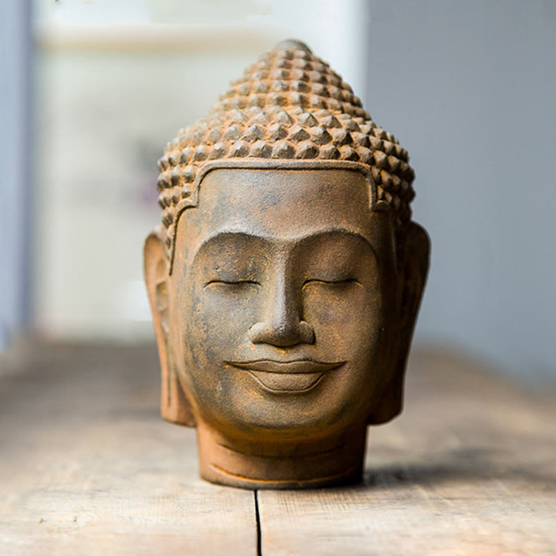 Buddha Stones Zamknięte Oczy Kontemplacja Medytująca Głowa Buddy Proszek Żelaza Rdza Odlew Żywicy Statua Dekoracja Domu - image 14