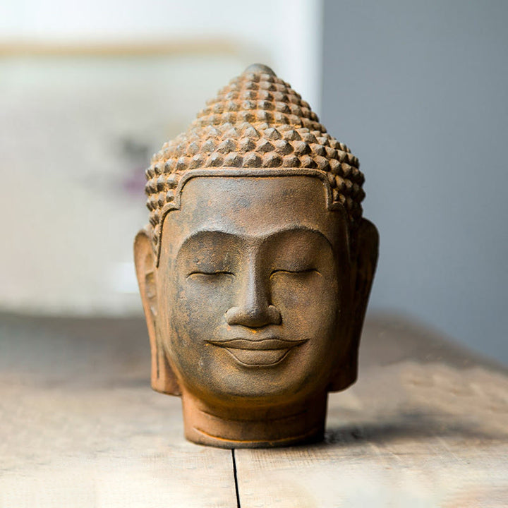 Buddha Stones Zamknięte Oczy Kontemplacja Medytująca Głowa Buddy Proszek Żelaza Rdza Odlew Żywicy Statua Dekoracja Domu
