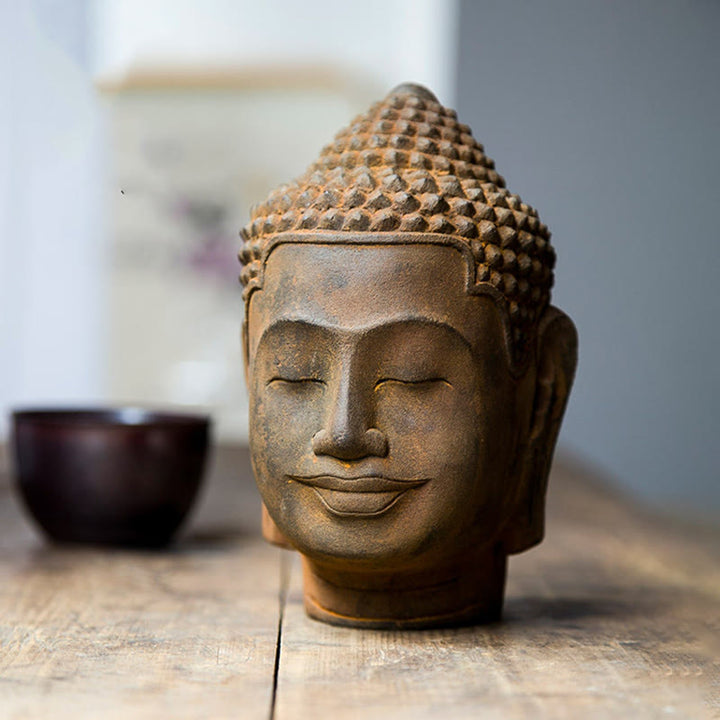 Buddha Stones Zamknięte Oczy Kontemplacja Medytująca Głowa Buddy Proszek Żelaza Rdza Odlew Żywicy Statua Dekoracja Domu - image 8