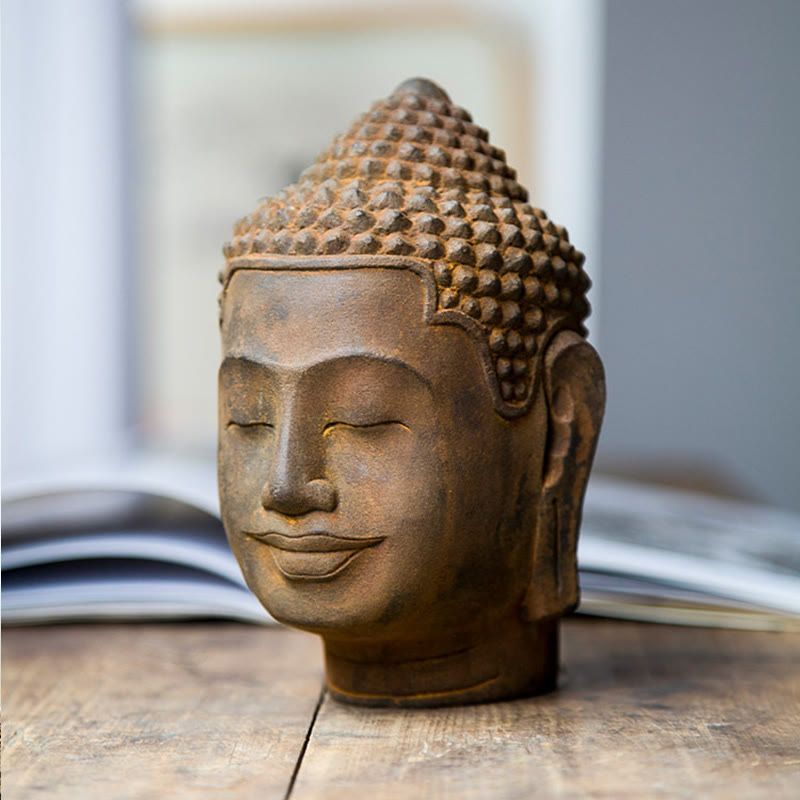 Buddha Stones Zamknięte Oczy Kontemplacja Medytująca Głowa Buddy Proszek Żelaza Rdza Odlew Żywicy Statua Dekoracja Domu - image 12