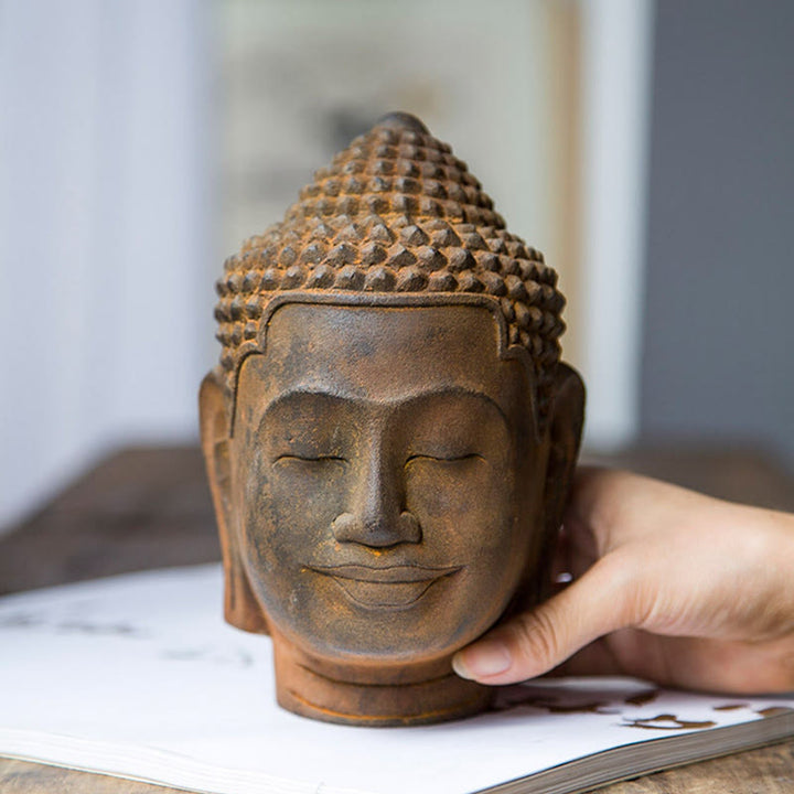Buddha Stones Zamknięte Oczy Kontemplacja Medytująca Głowa Buddy Proszek Żelaza Rdza Odlew Żywicy Statua Dekoracja Domu - image 9