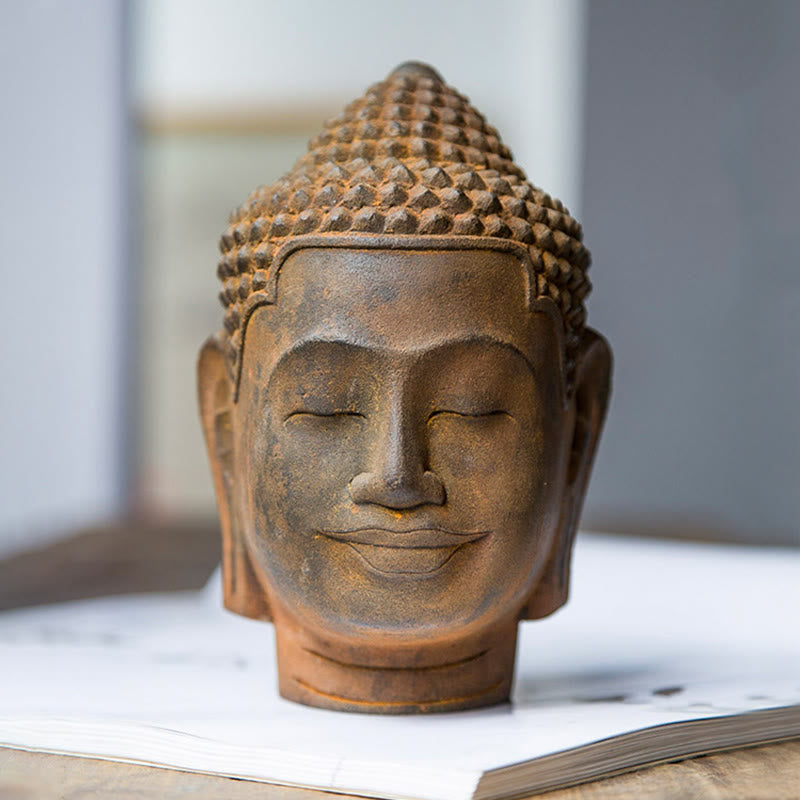 Buddha Stones Zamknięte Oczy Kontemplacja Medytująca Głowa Buddy Proszek Żelaza Rdza Odlew Żywicy Statua Dekoracja Domu - image 1