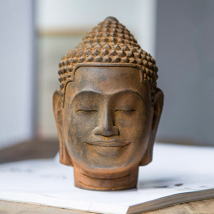 Buddha Stones Zamknięte Oczy Kontemplacja Medytująca Głowa Buddy Proszek Żelaza Rdza Odlew Żywicy Statua Dekoracja Domu - image 1
