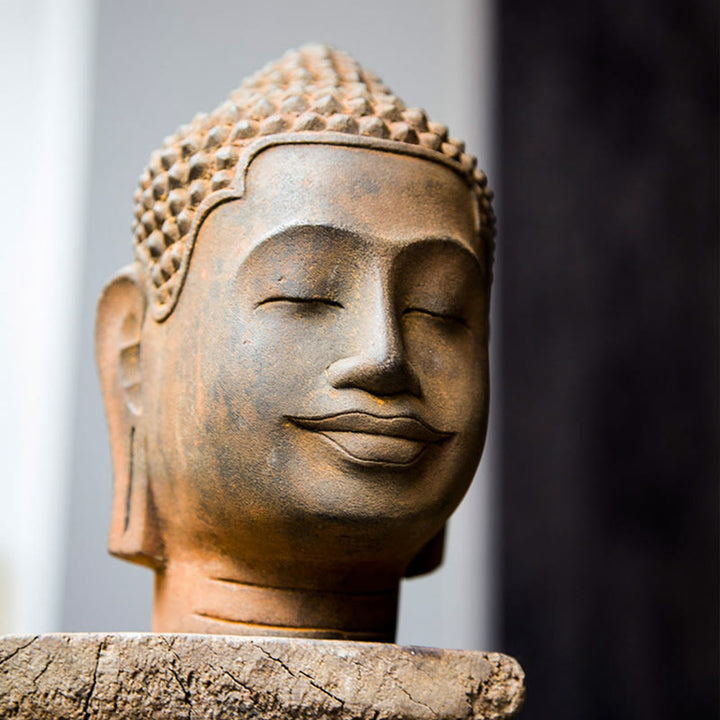 Buddha Stones Zamknięte Oczy Kontemplacja Medytująca Głowa Buddy Proszek Żelaza Rdza Odlew Żywicy Statua Dekoracja Domu - image 6