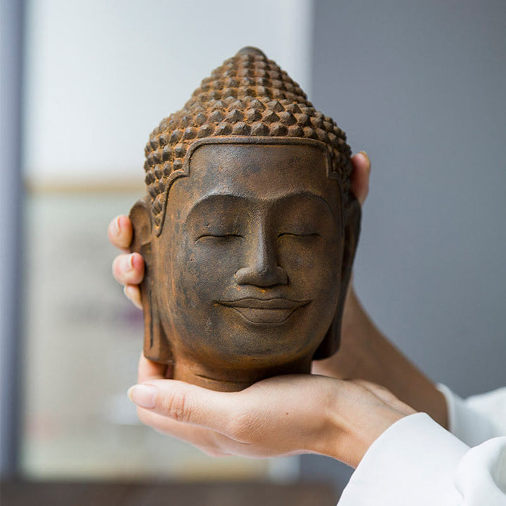 Buddha Stones Zamknięte Oczy Kontemplacja Medytująca Głowa Buddy Proszek Żelaza Rdza Odlew Żywicy Statua Dekoracja Domu - image 4