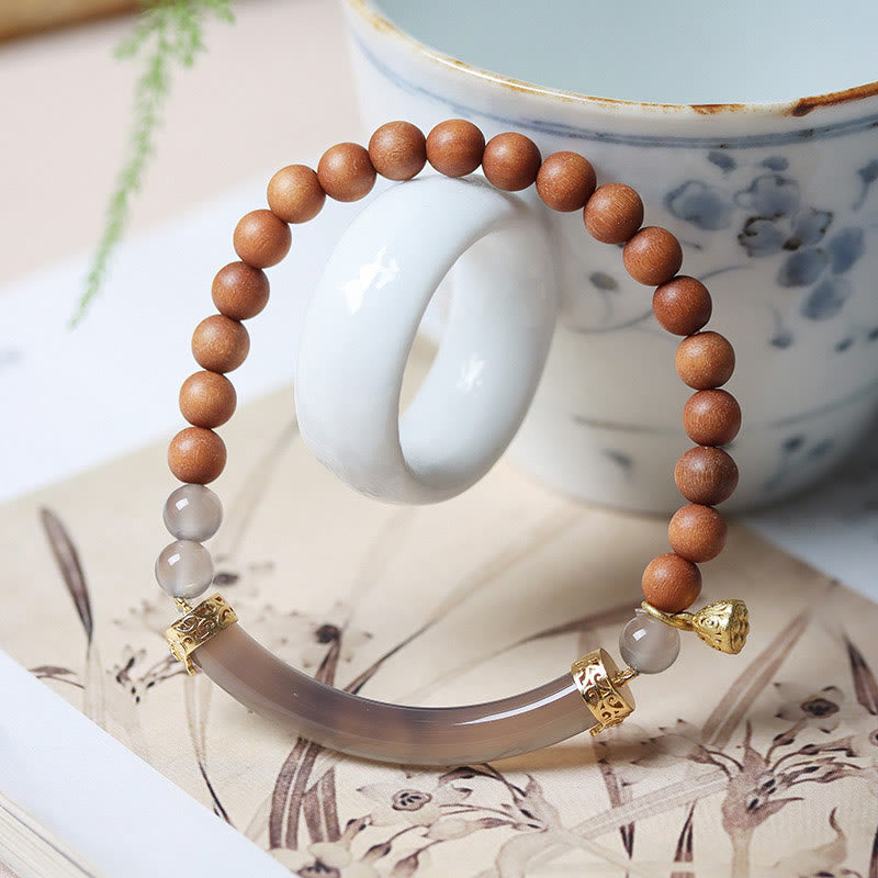 Buddha Stones Sandałowiec Szary Agat Chalcedon Mankiet Pół Bransoletka Bangle