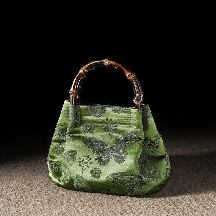 Buddha Stones Żakardowe Motyl Bambusowy Uchwyt Metalowy Łańcuch Torba Crossbody Torebka Wisząca