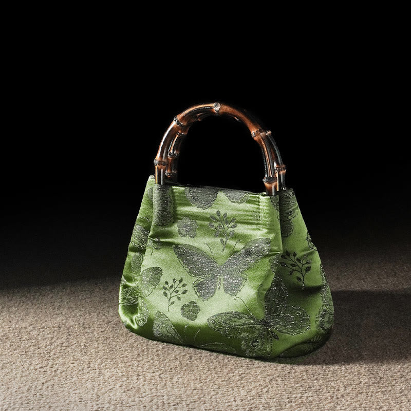 Buddha Stones Żakardowe Motyl Bambusowy Uchwyt Metalowy Łańcuch Torba Crossbody Torebka Wisząca