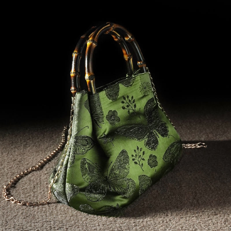Buddha Stones Żakardowe Motyl Bambusowy Uchwyt Metalowy Łańcuch Torba Crossbody Torebka Wisząca