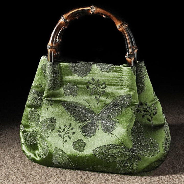 Buddha Stones Żakardowe Motyl Bambusowy Uchwyt Metalowy Łańcuch Torba Crossbody Torebka Wisząca