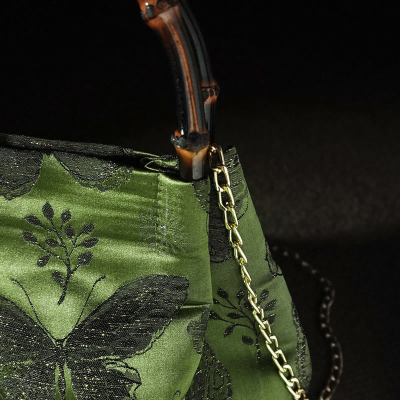 Buddha Stones Żakardowe Motyl Bambusowy Uchwyt Metalowy Łańcuch Torba Crossbody Torebka Wisząca