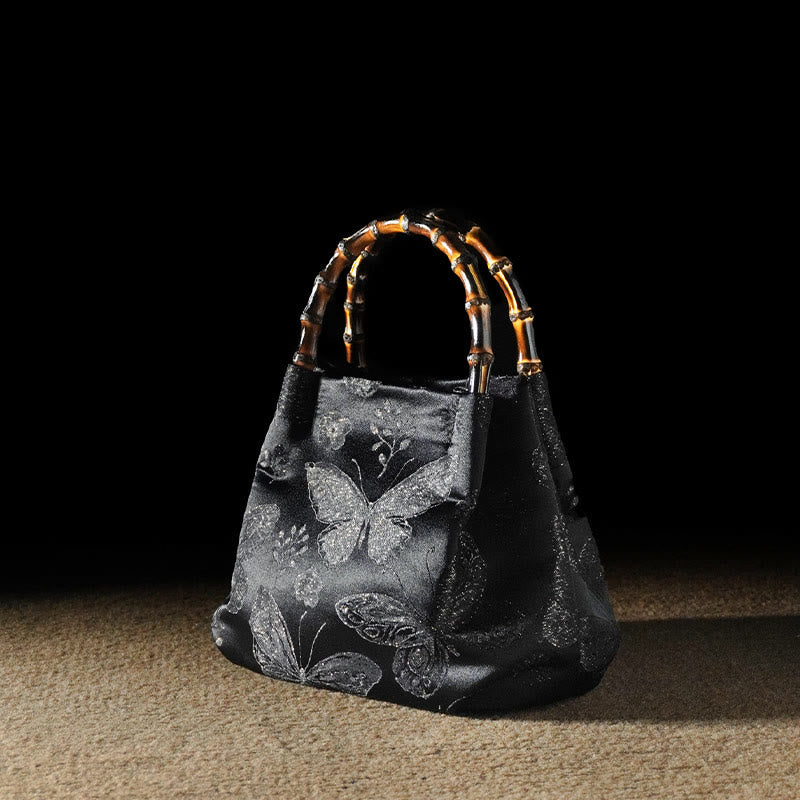 Buddha Stones Żakardowe Motyl Bambusowy Uchwyt Metalowy Łańcuch Torba Crossbody Torebka Wisząca