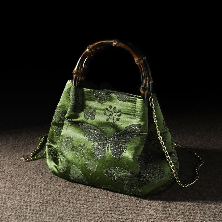 Buddha Stones Żakardowe Motyl Bambusowy Uchwyt Metalowy Łańcuch Torba Crossbody Torebka Wisząca