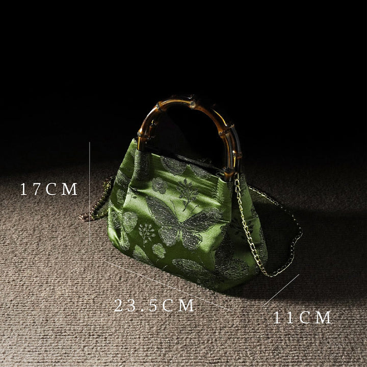 Buddha Stones Żakardowe Motyl Bambusowy Uchwyt Metalowy Łańcuch Torba Crossbody Torebka Wisząca