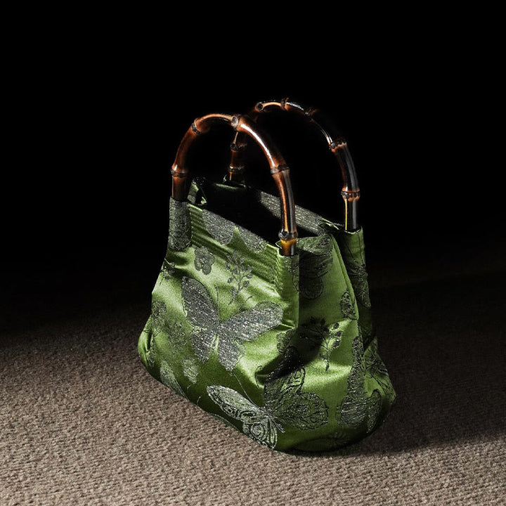 Buddha Stones Żakardowe Motyl Bambusowy Uchwyt Metalowy Łańcuch Torba Crossbody Torebka Wisząca