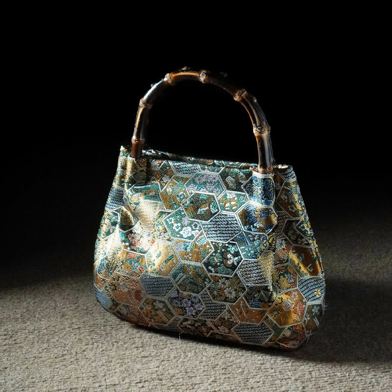 Buddha Stones Żakardowe Motyl Bambusowy Uchwyt Metalowy Łańcuch Torba Crossbody Torebka Wisząca