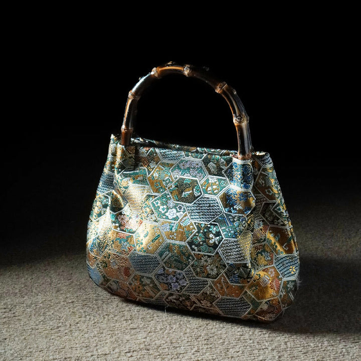 Buddha Stones Żakardowe Motyl Bambusowy Uchwyt Metalowy Łańcuch Torba Crossbody Torebka Wisząca