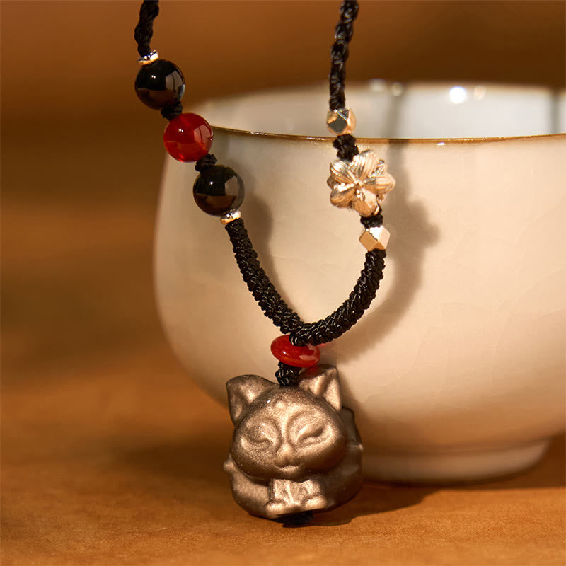 Buddha Stones Naturalny Srebrny Połysk Obsydian Dziewięcioogonowy Naszyjnik Ochronny Lis Wisiorek