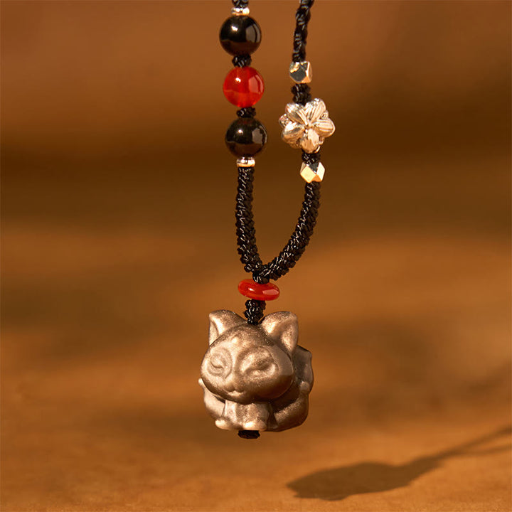 Buddha Stones Naturalny Srebrny Połysk Obsydian Dziewięcioogonowy Naszyjnik Ochronny Lis Wisiorek