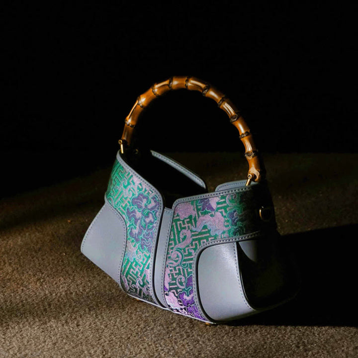 Buddha Stones Retro Gałęzie Piwonii Uchwyt Bambusowy Song Brocade Xiangyunsha Jedwabna Torba Crossbody Torebki Wiszące