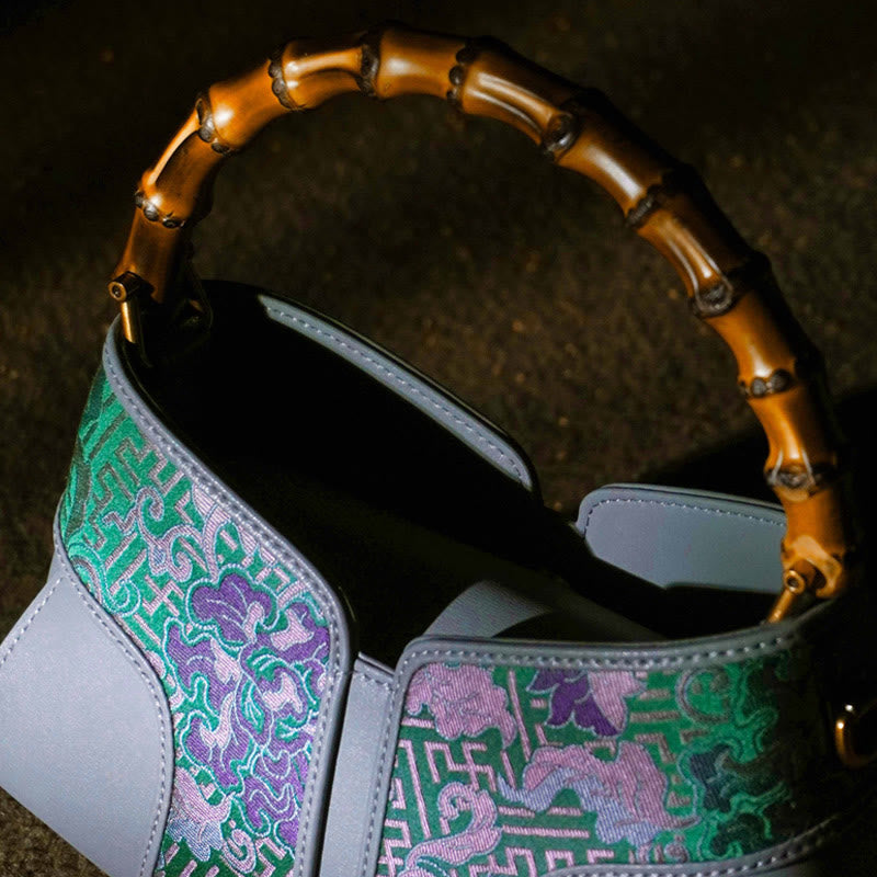 Buddha Stones Retro Gałęzie Piwonii Uchwyt Bambusowy Song Brocade Xiangyunsha Jedwabna Torba Crossbody Torebki Wiszące