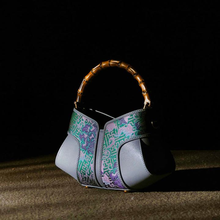Buddha Stones Retro Gałęzie Piwonii Uchwyt Bambusowy Song Brocade Xiangyunsha Jedwabna Torba Crossbody Torebki Wiszące