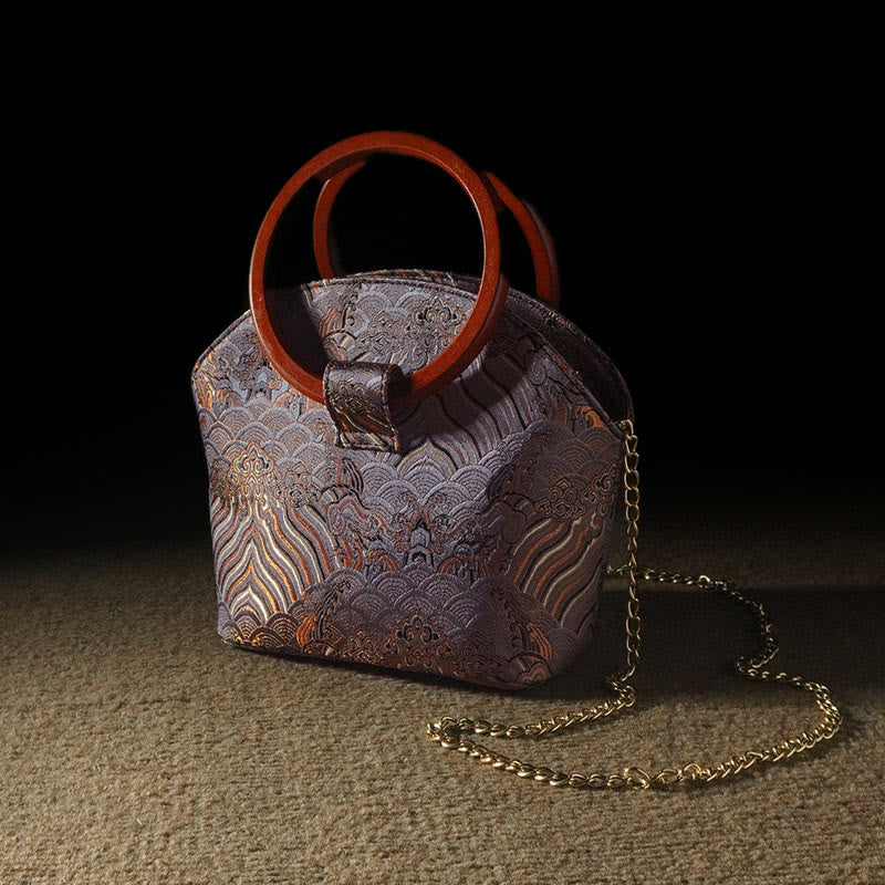 Buddha Stones Żuraw Jeleń Fala Morska Drewniana Rączka Metalowy Łańcuch Portfel Na Zmiany Torebka Crossbody Torebki Wiszące