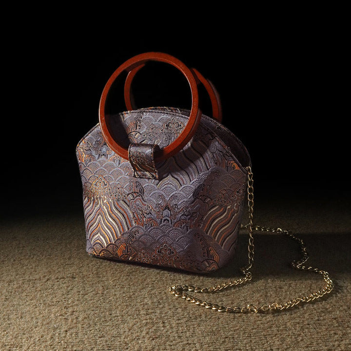 Buddha Stones Żuraw Jeleń Fala Morska Drewniana Rączka Metalowy Łańcuch Portfel Na Zmiany Torebka Crossbody Torebki Wiszące