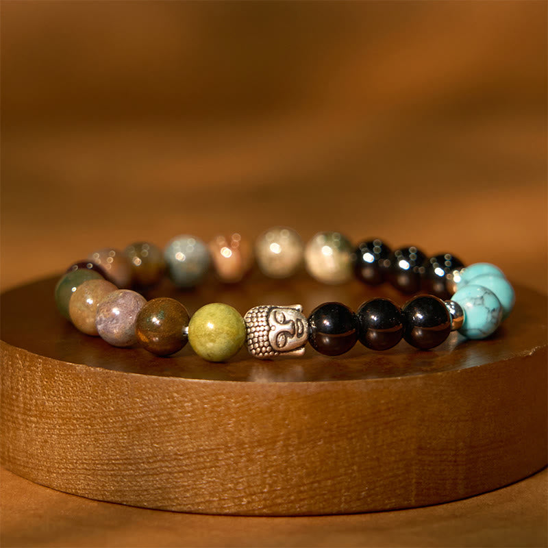 Buddha Stones Naturalny Czarny Onyks Biały Kamień Zielony Awenturyn Tygrysie Oko Agat Mieszany Kolor Bransoletka Ochronna Głowy Buddy