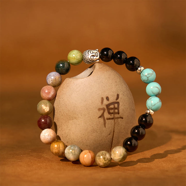 Buddha Stones Naturalny Czarny Onyks Biały Kamień Zielony Awenturyn Tygrysie Oko Agat Mieszany Kolor Bransoletka Ochronna Głowy Buddy