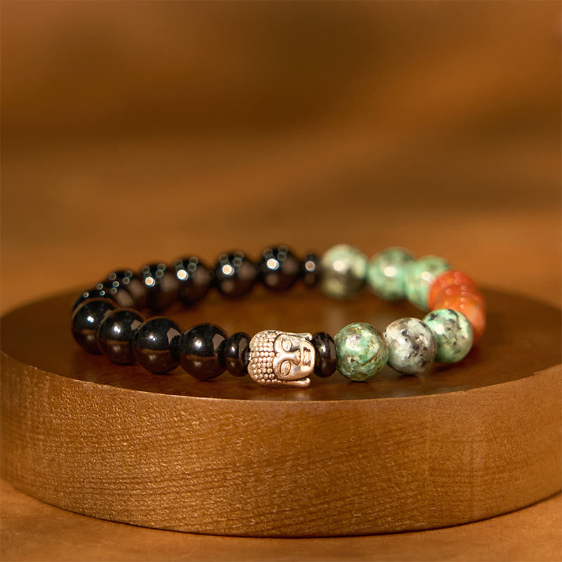 Buddha Stones Naturalny Czarny Onyks Biały Kamień Zielony Awenturyn Tygrysie Oko Agat Mieszany Kolor Bransoletka Ochronna Głowy Buddy