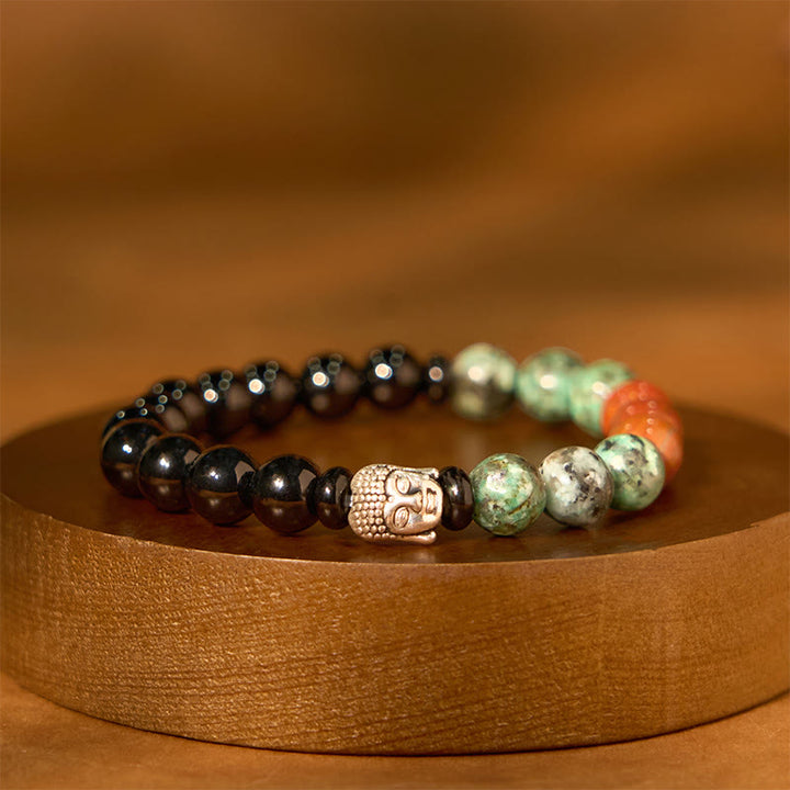 Buddha Stones Naturalny Czarny Onyks Biały Kamień Zielony Awenturyn Tygrysie Oko Agat Mieszany Kolor Bransoletka Ochronna Głowy Buddy