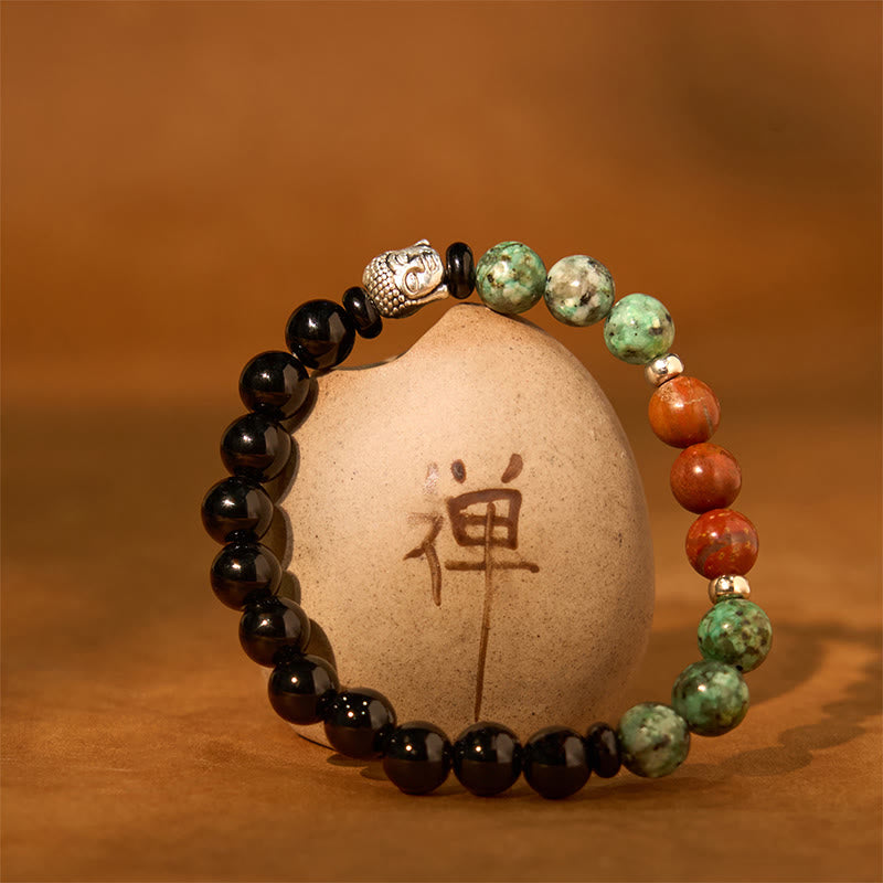 Buddha Stones Naturalny Czarny Onyks Biały Kamień Zielony Awenturyn Tygrysie Oko Agat Mieszany Kolor Bransoletka Ochronna Głowy Buddy