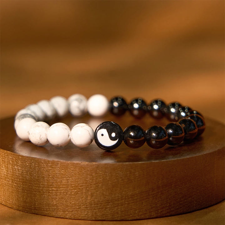 Buddha Stones Naturalny Obsydian Biały Turkus Yinyang Tai Chi Bransoletka Siłowa