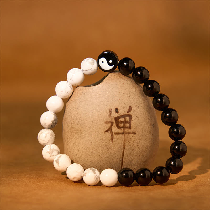 Buddha Stones Naturalny Obsydian Biały Turkus Yinyang Tai Chi Bransoletka Siłowa