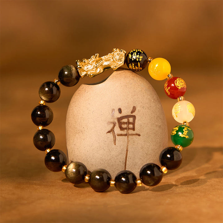 Buddha Stones Naturalny Złoty Połysk Obsydian PiXiu Bransoletka Ochronna Pięciu Kierunków Bogów Bogactwa