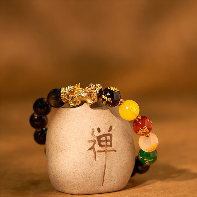 Buddha Stones Naturalny Złoty Połysk Obsydian PiXiu Bransoletka Ochronna Pięciu Kierunków Bogów Bogactwa