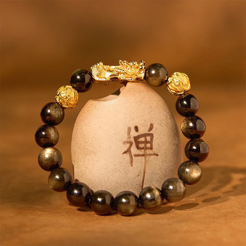 Buddha Stones Naturalny Złoty Połysk Obsydianu PiXiu Om Mani Padme Hum Bransoletka Bogactwa