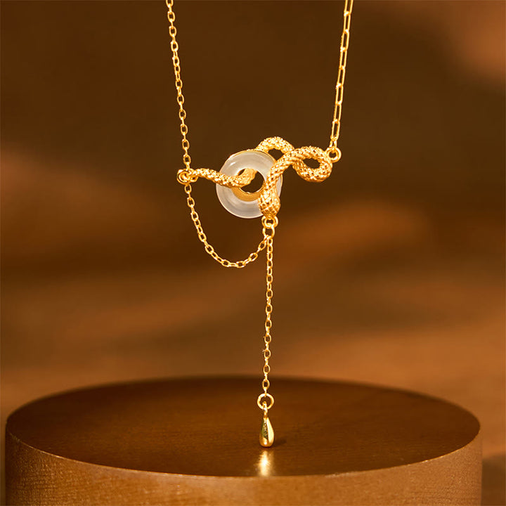 Buddha Stones Chalcedon Pokojowa Klamra 925 Srebro Złoto Rok Węża Naszyjnik Wisiorek Harmonia - Chalcedon Srebro próby 925 Złoty Wąż (Długość: 40+5 cm) - image 0