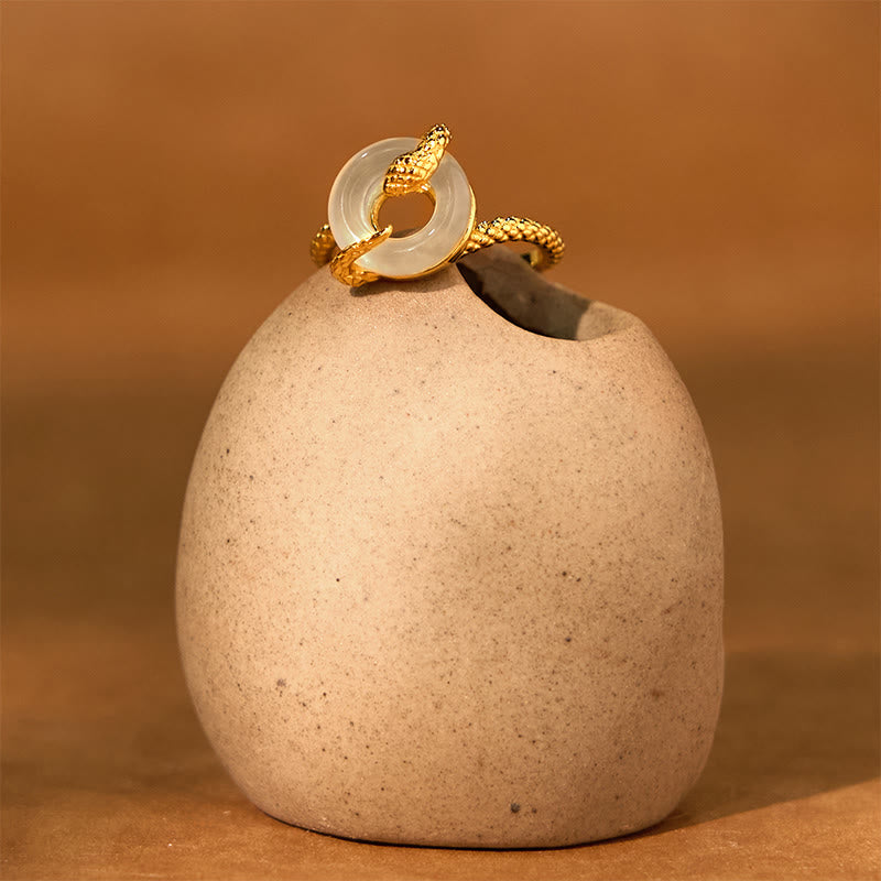 Pierścionek z Buddha Stones Chalcedon Pokoju ze srebra próby 925 Złoty Rok Węża Harmonia