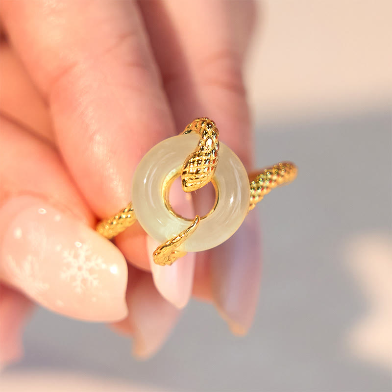 Pierścionek z Buddha Stones Chalcedon Pokoju ze srebra próby 925 Złoty Rok Węża Harmonia