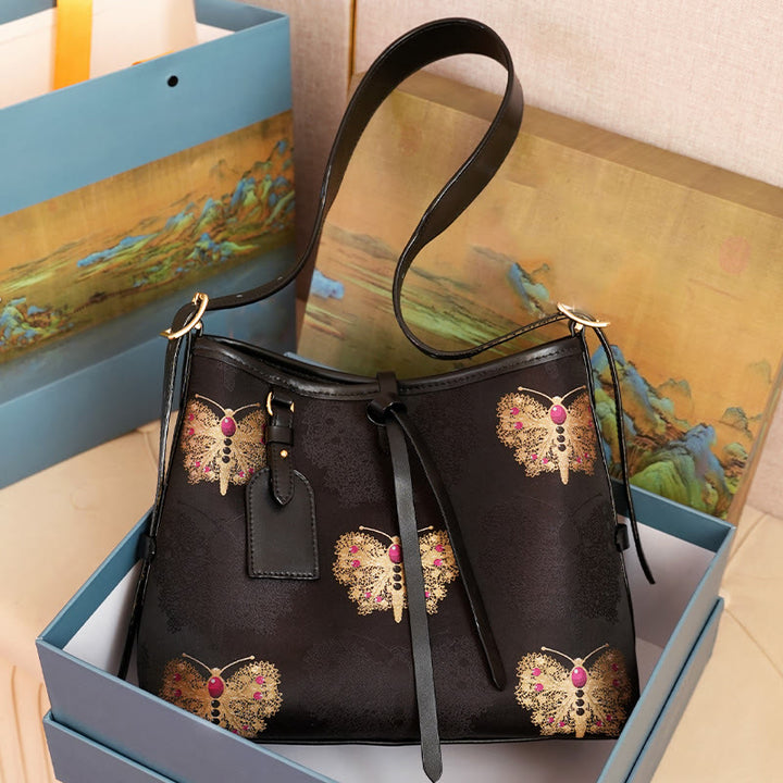 Buddha Stones Ręcznie Robione Kwiaty Żuraw Jeleń Motyl Piosenka Brokatowa Torba Crossbody Torebka Wisząca
